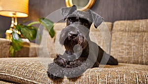 Black mini Schnauzer dog portrait on couch indoor. Miniature Schnauzer