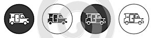 Black Minibus icon isolated on white background. Circle button. Vector