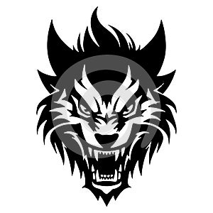 Black Minimalist Devil Wolf Head Tattoo or Logo Design. Vector Demon Mascott Illustration.