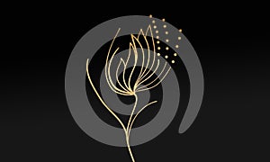 Black minimalistic abstract background. Business presentation, web banner backdrop. Floral swirl elements with golden effect