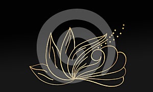 Black minimalistic abstract background. Business presentation, web banner backdrop. Floral swirl elements with golden effect