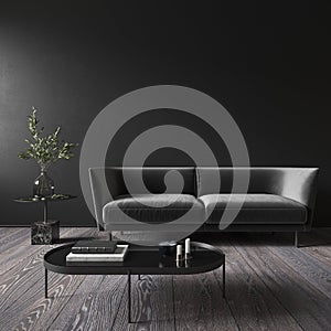 Black minimalistic interior with sofa and coffee table.