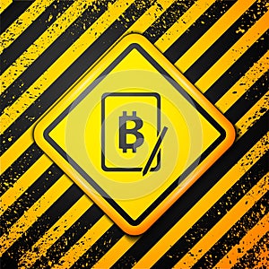 Black Mining bitcoin from graphic tablet icon isolated on yellow background. Cryptocurrency mining, blockchain