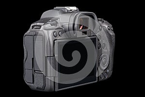 black mirrorless digital camera without lens isolated on black background