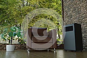 Black mobile air conditioner in a room with a large window 3d photo