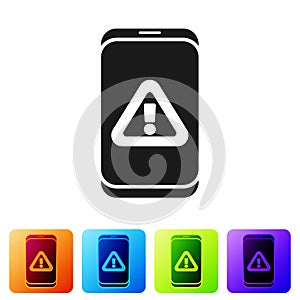 Black Mobile phone with exclamation mark icon isolated on white background. Alert message smartphone notification. Set