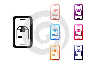 Black Mobile smart phone with app delivery tracking icon isolated on white background. Parcel tracking. Set icons