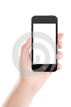 Black mobile smart phone with blank screen in female hand