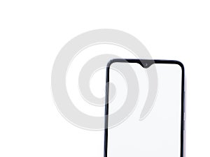 Black mobile smartphone mockup lies on the surface with blank screen isolated on white background