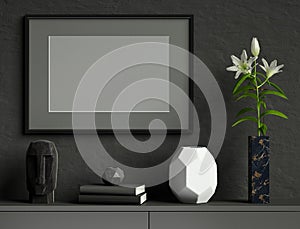 Black mock up poster frame on dark plaster wall with lily flower in marble vase, books, geometric pots, head sculpture, 3d render,