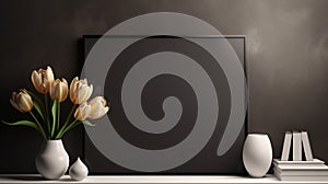 Black mock up poster frame on dark plaster wall with lily flower in marble vase, books, geometric pots, head sculpture landscape