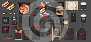 Black Mockup for pizzeria, cafe, fast food restaurant. Branding mock up set of pizza, street menu, burger, hot dog