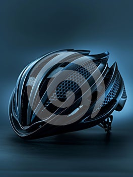 Black modern bicycle helmet with a sleek design and aerodynamic structure.