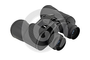 Black modern binoculars isolated on white background