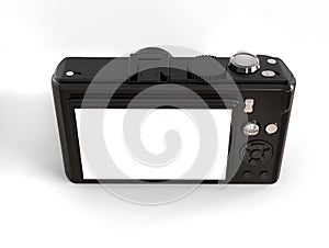 Black modern compact digital photo camera - back top view