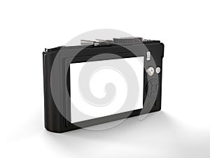 Black modern compact digital photo camera - back view