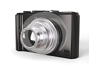 Black modern compact digital photo camera with silver lens
