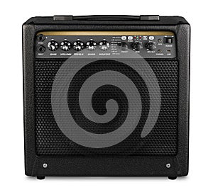 Black modern electric guitar amp modelling amplifier isolated white background rock heavy metal studio instrument concept