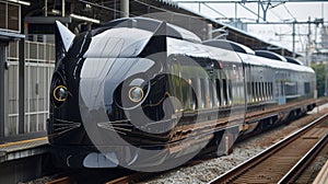 Black modern futuristic high speed train in the city