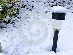 Black modern Garden Solar energie lamp under the snow