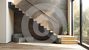 a black modern handrail, featuring flat profiles and a wooden oak handrail, adorning a contemporary staircase in a room