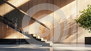 a black modern handrail, featuring flat profiles and a wooden oak handrail, adorning a contemporary staircase in a room