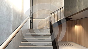 a black modern handrail, featuring flat profiles and a wooden oak handrail, adorning a contemporary staircase in a room