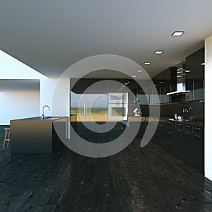 Black modern kitchen furniture in big interior. 3d render