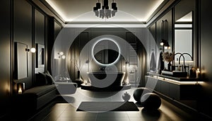 Black modern luxury bathroom interior design ideas. The bathroom features sleek black walls and flooring, creating a