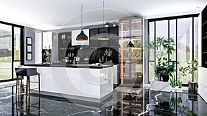 Black modern and luxury stylish kitchen room interior with kitchen island and black marble floor, 3D Rendering