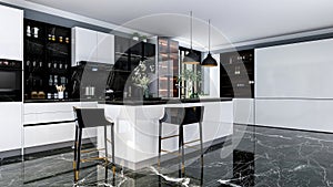 Black modern and luxury stylish kitchen room interior with kitchen island and black marble floor, 3D Rendering