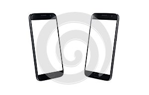 Black modern smart phone isometric view. White screen for mockup, isolated