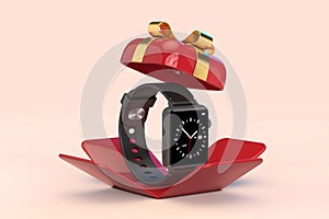 Black Modern Smart Watch with Strap in Opened Red Gift Box with Golden Ribbon. 3d Rendering