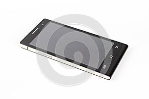 Black modern smartphone with blank screen lies on the surface, h