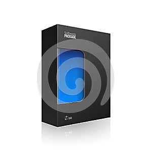 Black Modern Software Product Package Box With Blue Window For DVD Or CD Disk. 3D Illustration On White