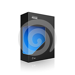 Black Modern Software Product Package Box With Blue Window For DVD Or CD Disk. 3D Products Isolated.