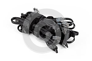 Black modular power supply unit cables set, psu cords put together isolated on white. Many power cables, modern pc assembly parts