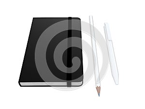 Black moleskine or notebook with pen and pencil and a black strap front or top view isolated on a white background 3d rendering photo