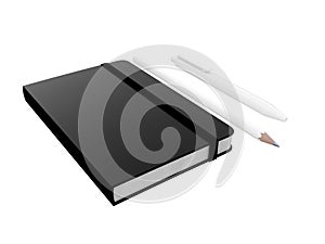 Black moleskine or notebook with pen and pencil and a black strap front or top view isolated on a white background 3d rendering photo