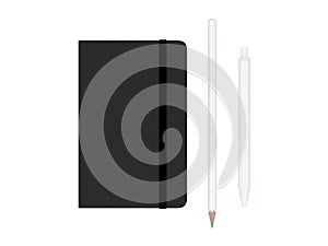 Black moleskine or notebook with pen and pencil and a black strap front or top view isolated on a white background 3d rendering photo