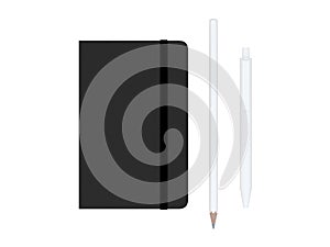 Black moleskine with pen and pencil and a black strap front or top view isolated on a white background 3d rendering photo