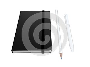 Black moleskine with pen and pencil and a black strap front or top view isolated on a white background 3d rendering photo