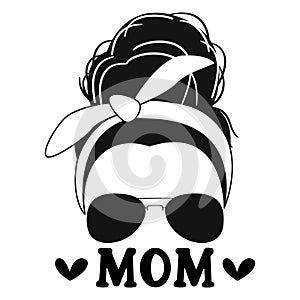Black mom messy bun quote on white background. Vector illustration.