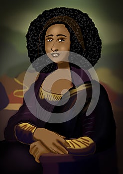 Black Mona Lisa  with Afro hair, digital art illustration
