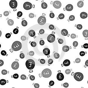 Black Money bag with pound icon isolated seamless pattern on white background. Pound GBP currency symbol. Vector