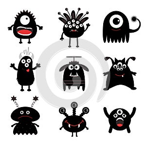 Black monster big set. Cute cartoon scary silhouette character. Baby collection. White background. Isolated. Happy Halloween