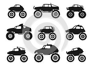 Black monster truck icons. Diesel 4x4 off road vehicle with tires, wheels and exhaust, turbo diesel truck with flat