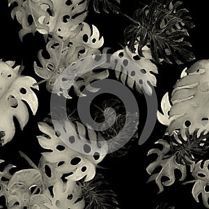 Black Monstera Pattern Decor. Seamless Leaf. White Watercolor Foliage. Tropical Wallpaper. Floral Decor. Summer Print. Vintage Des