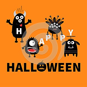 Black monsters holding letters. Happy Halloween. Text with pumpkin. Cute cartoon scary silhouette character. Baby collection. Oran