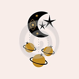 Black moon, golden planets and stars. Vector elements in a celestial inspired illustration